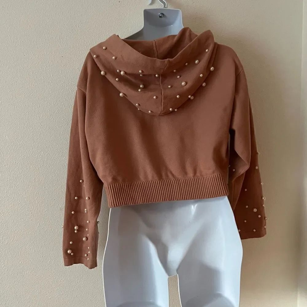 Zara knit pink pearl hoodie crop sweater S - Picture 4 of 5